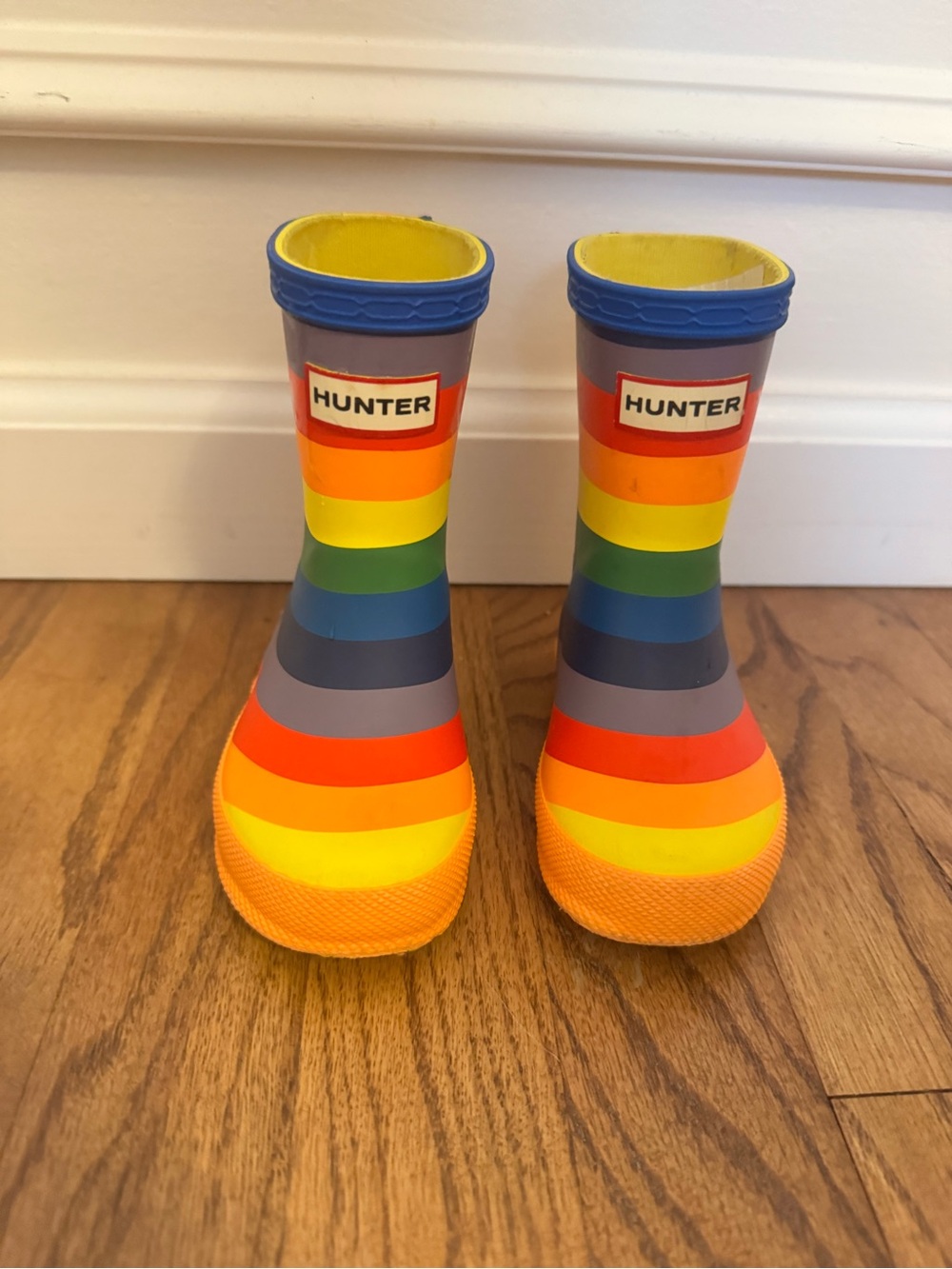 Hunter Kids Rainbow Stripe Rain Boots - Yellow, Orange, Red, Green, Blue, Gray